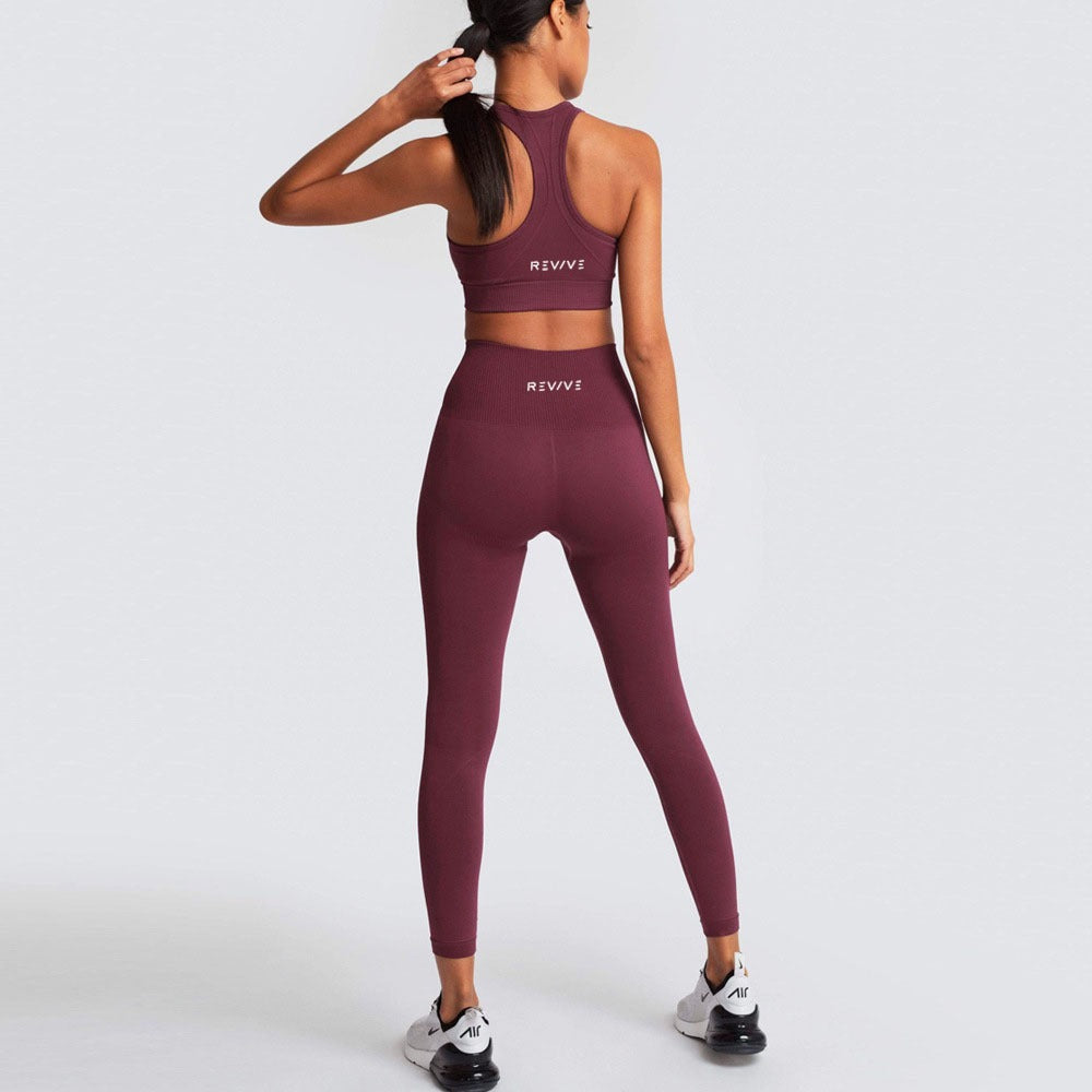 REVIVE ~ Exclusive RA2025 Razor Back Burgundy Sports Bra and Leggings Set